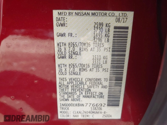 2017 Nissan Frontier Desert Runner with VIN 1N6DD0ER8HN776692, listed as a IAAI auction lot 41771538 with 71,151 mi miles and . Bid and sale history available at DreamBid. Image 9.