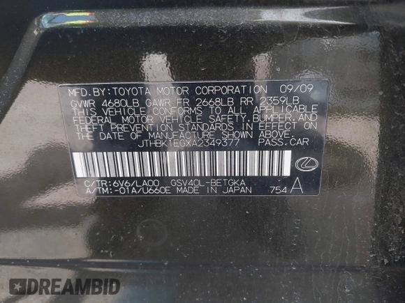 2010 Lexus ES 330 with VIN JTHBK1EGXA2349377, listed as a IAAI auction lot 41988870 with 154,958 mi miles and . Bid and sale history available at carsss.com. Image 9.