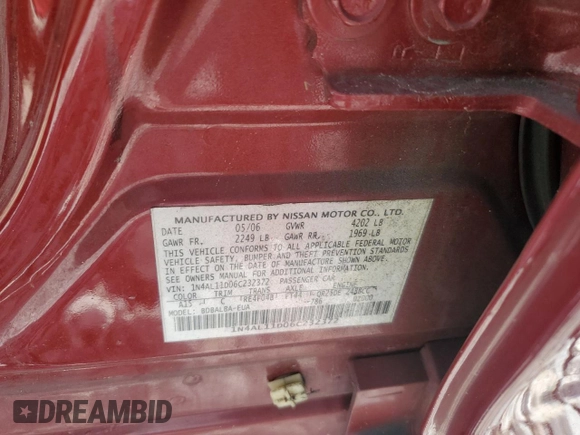 2006 Nissan Altima S with VIN 1N4AL11D06C232372, listed as a Copart auction lot 62795475 with Not provided miles and Salvage title. Bid and sale history available at DreamBid. Image 12.