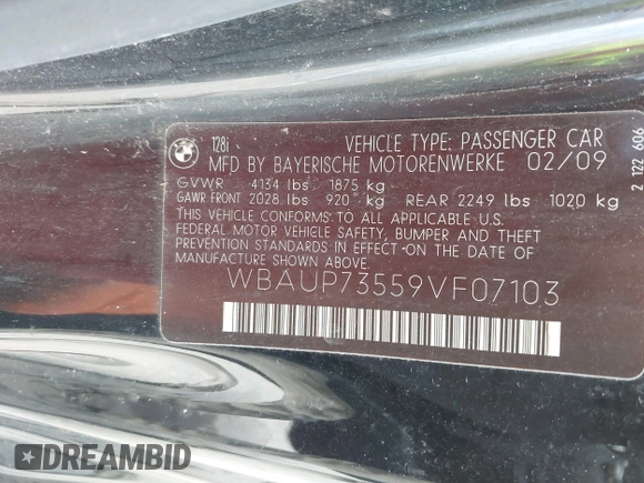 2009 BMW 1 Series 128i with VIN WBAUP73559VF07103, listed as a IAAI auction lot 41777559 with 125,316 mi miles and . Bid and sale history available at carsss.com. Image 9.
