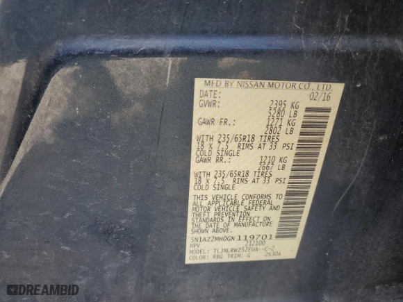 2016 Nissan Murano SL with VIN 5N1AZ2MH0GN119701, listed as a Copart auction lot 51696585 with 143,234 mi miles and Salvage Title. Bid and sale history available at carsss.com. Image 15.