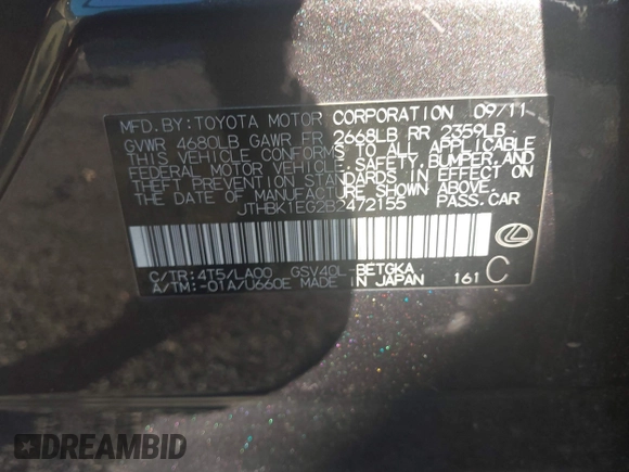 2011 Lexus ES with VIN JTHBK1EG2B2472155, listed as a IAAI auction lot 40962743 with 134,227 mi miles. Bid and sale history available at carsss.com. Image 9.
