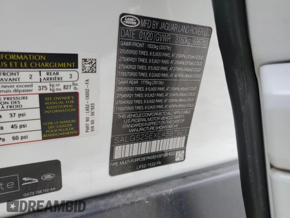 2020 Land Rover Range Rover P525 HSE with VIN SALGS2SEXLA597923, listed as a Copart auction lot 44340735 with 53,390 mi miles and Salvage title. Bid and sale history available at DreamBid. Image 14.