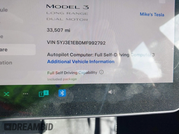 2021 Tesla Model 3 Long Range with VIN 5YJ3E1EB0MF992792, listed as a IAAI auction lot 41726740 with 33,507 mi miles. Bid and sale history available at carsss.com. Image 7.