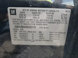 2013 GMC Terrain SLE with VIN 2GKFLREK6D6363176, listed as a IAAI auction lot 41965204 with 204,875 mi miles. Bid and sale history available at carsss.com. Image 9.