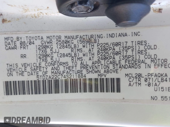 2004 Toyota Sienna XLE with VIN 5TDZA22C74S211884, listed as a IAAI auction lot 41708305 with 214,617 mi miles and . Bid and sale history available at DreamBid. Image 9.