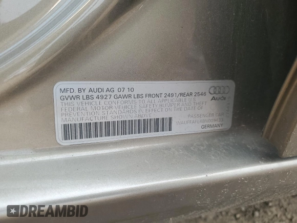 2011 Audi A4 Premium Plus with VIN WAUFFAFL4BN009433, listed as a Copart auction lot 59301185 with 122,158 mi miles and Salvage title. Bid and sale history available at DreamBid. Image 12.