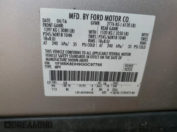 2016 Ford Explorer XLT z VIN 1FM5K8DH9GGC97765, wystawiony jako Copart lot #54067385 z przebiegiem 139 559 mil mil oraz Szkoda całkowita • Salvage title. Historia ofert i sprzedaży dostępna na DreamBid. Obrazek 14.