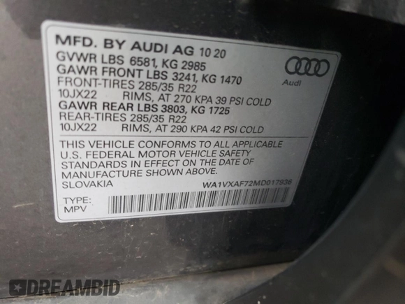 2021 Audi Q7 Prestige z VIN WA1VXAF72MD017936, wystawiony jako Copart lot #89163105 z przebiegiem 42 610 mil mil oraz Szkoda całkowita • Salvage title. Historia ofert i sprzedaży dostępna na DreamBid. Obrazek 14.