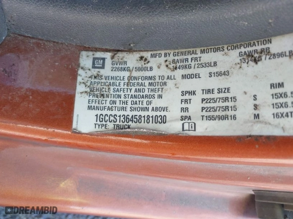 2005 Chevrolet Colorado 1SB LS Z85 with VIN 1GCCS136458181030, listed as a IAAI auction lot 41672611 with 258,628 mi miles. Bid and sale history available at carsss.com. Image 9.