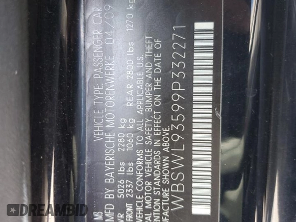 2009 BMW 3 Series M3 with VIN WBSWL93599P332271, listed as a Copart auction lot 42372185 with 163,341 mi miles and Clean Title. Bid and sale history available at carsss.com. Image 12.