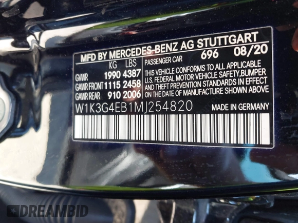 2021 Mercedes-Benz A 220 with VIN W1K3G4EB1MJ254820, listed as a IAAI auction lot 40839947 with 49,313 mi miles and . Bid and sale history available at DreamBid. Image 9.