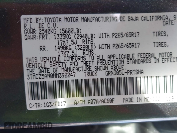 2021 Toyota Tacoma SR z VIN 3TMCZ5AN0MM392247, wystawiony jako IAAI lot #41645989 z przebiegiem 48 029 mil mil oraz . Historia ofert i sprzedaży dostępna na DreamBid. Obrazek 9.