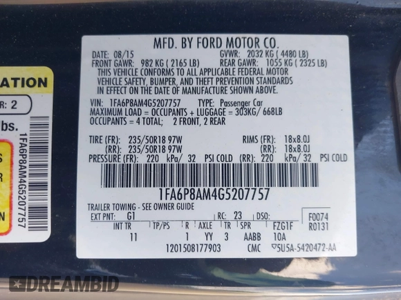 2016 Ford Mustang V6 z VIN 1FA6P8AM4G5207757, wystawiony jako IAAI lot #42224039 z przebiegiem 149 151 mil mil oraz . Historia ofert i sprzedaży dostępna na DreamBid. Obrazek 9.