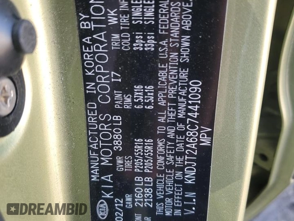 2012 Kia Soul + with VIN KNDJT2A68C7441090, listed as a Copart auction lot 55031315 with 91,288 mi miles and Salvage Title. Bid and sale history available at DreamBid. Image 12.