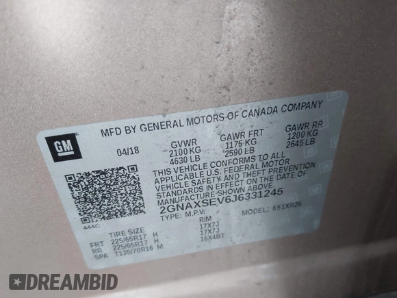 2018 Chevrolet Equinox LT with VIN 2GNAXSEV6J6331245, listed as a IAAI auction lot 41357361 with 74,442 mi miles. Bid and sale history available at carsss.com. Image 9.