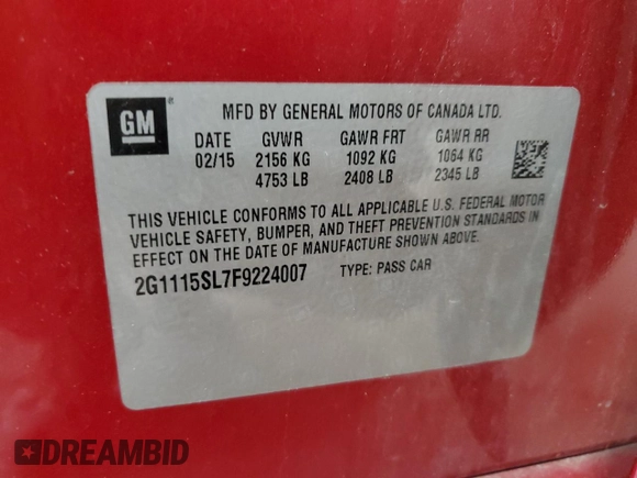 2015 Chevrolet Impala LT z VIN 2G1115SL7F9224007, wystawiony jako Copart lot #59952285 z przebiegiem 206 945 mil mil oraz Nie do naprawy • Non repairable. Historia ofert i sprzedaży dostępna na DreamBid. Obrazek 12.