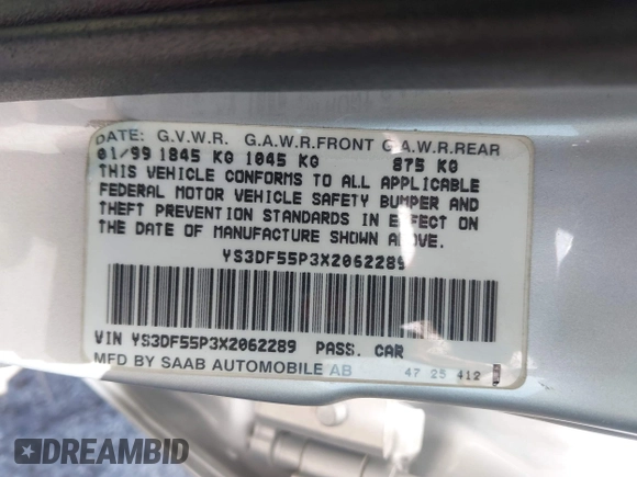 1999 Saab 9-3 z VIN YS3DF55P3X2062289, wystawiony jako IAAI lot #42431225 z przebiegiem 101 086 mil mil oraz . Historia ofert i sprzedaży dostępna na DreamBid. Obrazek 9.