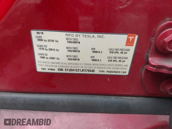 2018 Tesla Model S 75D with VIN 5YJSA1E21JF275546, listed as a IAAI auction lot 42061595 with Not Provided miles and . Bid and sale history available at DreamBid. Image 9.