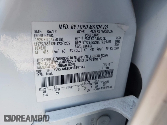 2013 Ford F-250 XL with VIN 1FT7W2A62DEB87844, listed as a IAAI auction lot 41308125 with 194,058 mi miles and . Bid and sale history available at DreamBid. Image 9.