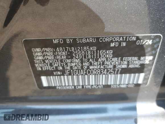 2024 Subaru Impreza Sport with VIN JF1GUAFC0R8342577, listed as a Copart auction lot 69058604 with 2,477 mi miles and Salvage Title. Bid and sale history available at carsss.com. Image 13.