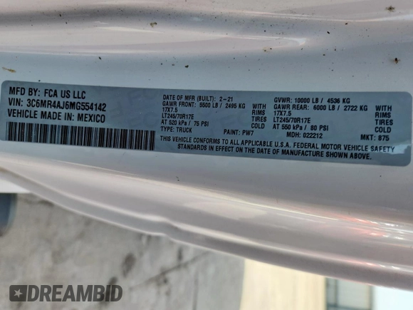 2021 Ram 2500 Tradesman z VIN 3C6MR4AJ6MG554142, wystawiony jako Copart lot #65013125 z przebiegiem 117 905 mil mil oraz Czysty tytuł • Clean title. Historia ofert i sprzedaży dostępna na DreamBid. Obrazek 12.