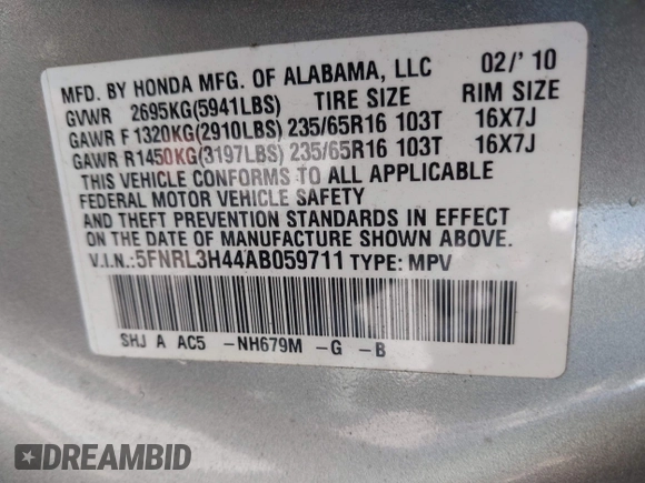2010 Honda Odyssey EX with VIN 5FNRL3H44AB059711, listed as a IAAI auction lot 42057760 with 225,486 mi miles and . Bid and sale history available at DreamBid. Image 9.