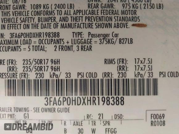 2017 Ford Fusion SE z VIN 3FA6P0HDXHR198388, wystawiony jako IAAI lot #42231069 z przebiegiem 143 709 mil mil oraz . Historia ofert i sprzedaży dostępna na DreamBid. Obrazek 9.