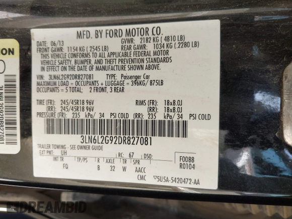 2013 Lincoln MKZ with VIN 3LN6L2G92DR827081, listed as a IAAI auction lot 42267095 with 114,564 mi miles and . Bid and sale history available at DreamBid. Image 9.