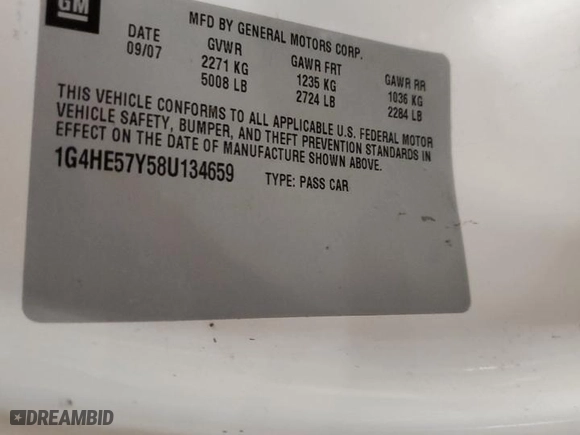2008 Buick Lucerne CXS with VIN 1G4HE57Y58U134659, listed as a Copart auction lot 49073955 with 0 mi miles and Non Repairable. Bid and sale history available at carsss.com. Image 12.