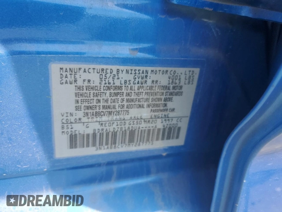 2021 Nissan Sentra SV with VIN 3N1AB8CV7MY287775, listed as a Copart auction lot 55027945 with 87,609 mi miles and Salvage title. Bid and sale history available at DreamBid. Image 12.