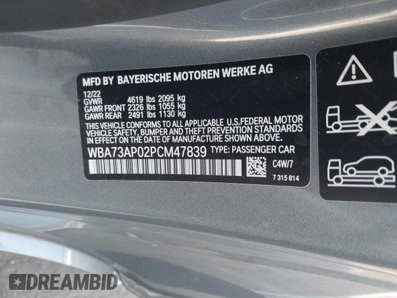 2023 BMW 4 Series 430i xDrive с VIN WBA73AP02PCM47839, выставлен на аукционе IAAI как лот 41450323 с пробегом 8 545 миль миль и . История ставок и продаж доступна на DreamBid. Изображение 9.