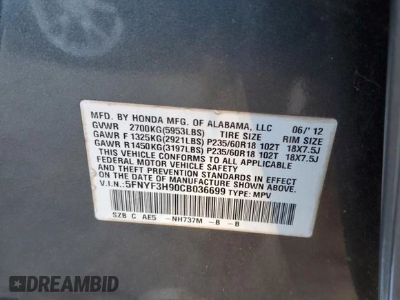 2012 Honda Pilot Touring with VIN 5FNYF3H90CB036699, listed as a Copart auction lot 45858635 with 161,132 mi miles and Salvage Title. Bid and sale history available at carsss.com. Image 16.