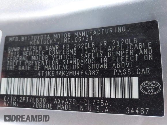 2021 Toyota Camry XSE z VIN 4T1K61AK2MU484387, wystawiony jako IAAI lot #41621573 z przebiegiem 83 338 mil mil oraz . Historia ofert i sprzedaży dostępna na DreamBid. Obrazek 9.