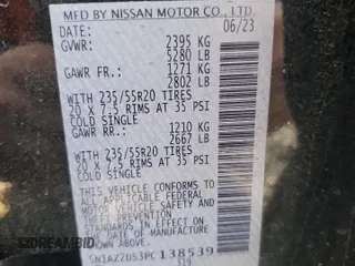 2023 Nissan Murano Platinum z VIN 5N1AZ2DS3PC138539, wystawiony jako Copart lot #51133615 z przebiegiem 19 113 mil mil oraz Szkoda całkowita • Salvage title. Historia ofert i sprzedaży dostępna na DreamBid. Obrazek 13.