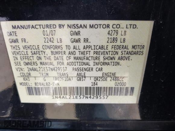 2007 Nissan Altima 2.5 with VIN 1N4AL21E57N429557, listed as a IAAI auction lot 41621114 with 173,525 mi miles. Bid and sale history available at carsss.com. Image 9.