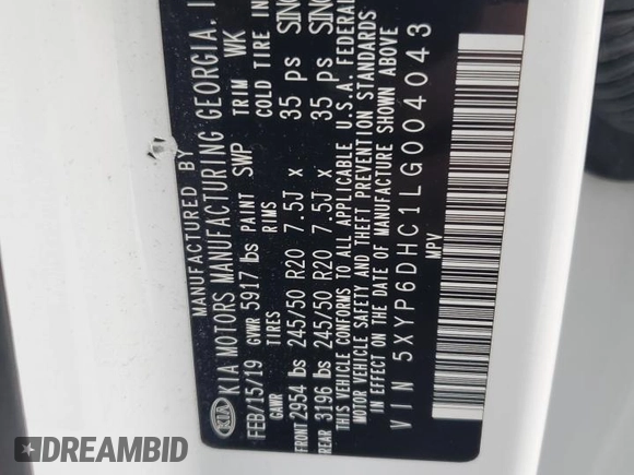 2020 Kia Telluride S with VIN 5XYP6DHC1LG004043, listed as a Copart auction lot 53561515 with 50,232 mi miles and Non Repairable. Bid and sale history available at DreamBid. Image 13.