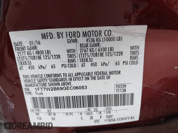 2016 Ford F-250 Lariat with VIN 1FT7W2B69GEC06053, listed as a IAAI auction lot 41530986 with 159,511 mi miles and . Bid and sale history available at DreamBid. Image 9.