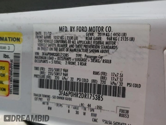 2013 Ford Fusion SE with VIN 3FA6P0HR2DR175385, listed as a Copart auction lot 60716435 with 124,837 mi miles and Clean title. Bid and sale history available at DreamBid. Image 12.