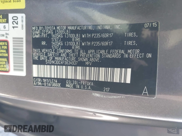2015 Toyota Sienna XLE with VIN 5TDYK3DC4FS634937, listed as a IAAI auction lot 41869781 with 65,561 mi miles and . Bid and sale history available at carsss.com. Image 9.