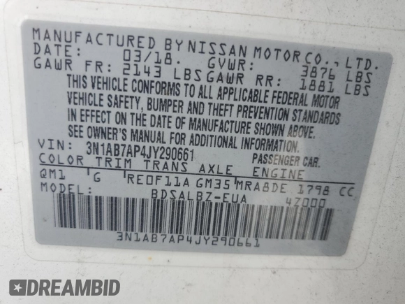 2018 Nissan Sentra S with VIN 3N1AB7AP4JY290661, listed as a Copart auction lot 64260604 with 169,880 mi miles and Clean Title. Bid and sale history available at carsss.com. Image 13.