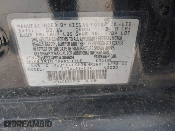 2016 Nissan Note SR with VIN 3N1CE2CP0GL384624, listed as a IAAI auction lot 42513721 with 169,670 mi miles and . Bid and sale history available at DreamBid. Image 9.
