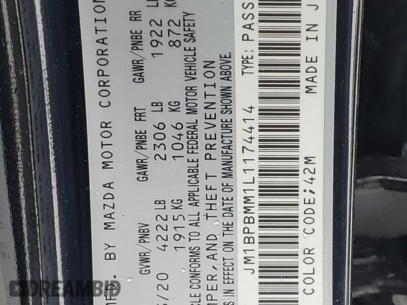 2020 Mazda Mazda3 Hatchback Preferred Package with VIN JM1BPBMM1L1174414, listed as a Copart auction lot 44311433 with 8,336 mi miles. Bid and sale history available at carsss.com. Image 12.