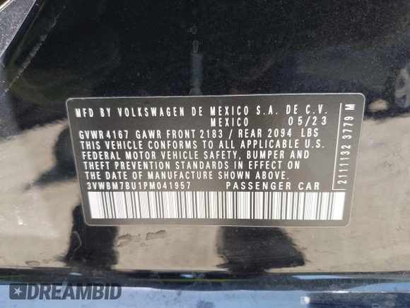 2023 Volkswagen Jetta Sport with VIN 3VWBM7BU1PM041957, listed as a IAAI auction lot 42293989 with 31,737 mi miles and . Bid and sale history available at DreamBid. Image 9.