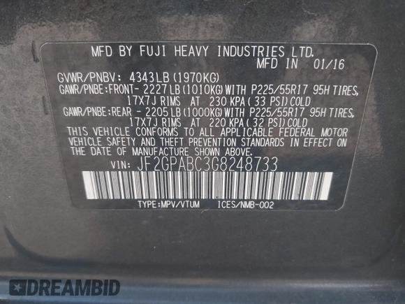 2016 Subaru Crosstrek Premium with VIN JF2GPABC3G8248733, listed as a IAAI auction lot 42298694 with 166,626 mi miles and . Bid and sale history available at DreamBid. Image 9.