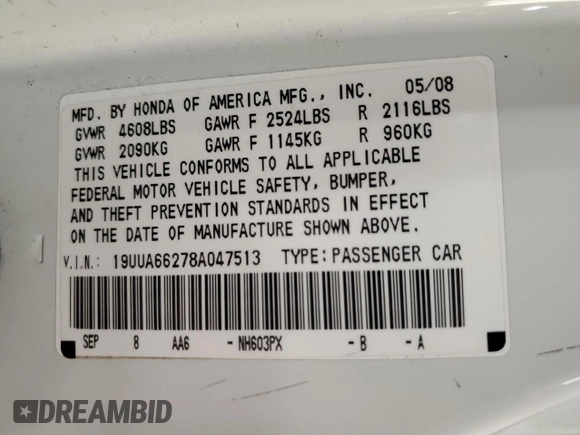 2008 Acura TL with VIN 19UUA66278A047513, listed as a Copart auction lot 52823445 with 240,533 mi miles and Salvage Title. Bid and sale history available at carsss.com. Image 12.