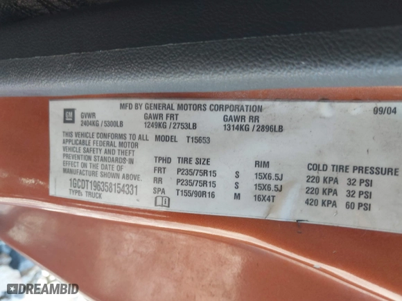 2005 Chevrolet Colorado LS Z71 with VIN 1GCDT196358154331, listed as a IAAI auction lot 41499278 with 206,215 mi miles. Bid and sale history available at carsss.com. Image 9.