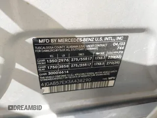 2003 Mercedes-Benz M 350 with VIN 4JGAB57EX3A438290, listed as a IAAI auction lot 42670213 with 246,915 mi miles and . Bid and sale history available at DreamBid. Image 9.