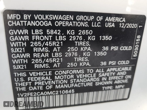 2021 Volkswagen Atlas SEL Premium R-Line with VIN 1V2FE2CA0MC210645, listed as a Copart auction lot 86286854 with Not provided miles and Salvage title. Bid and sale history available at DreamBid. Image 9.