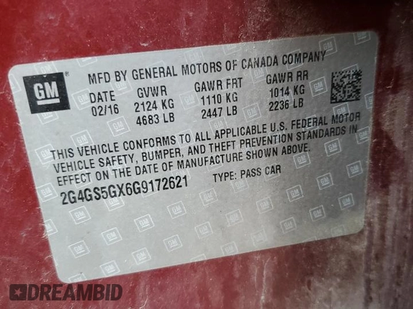 2016 Buick Regal Premium II with VIN 2G4GS5GX6G9172621, listed as a Copart auction lot 55207055 with 122,525 mi miles and Clean Title. Bid and sale history available at DreamBid. Image 12.